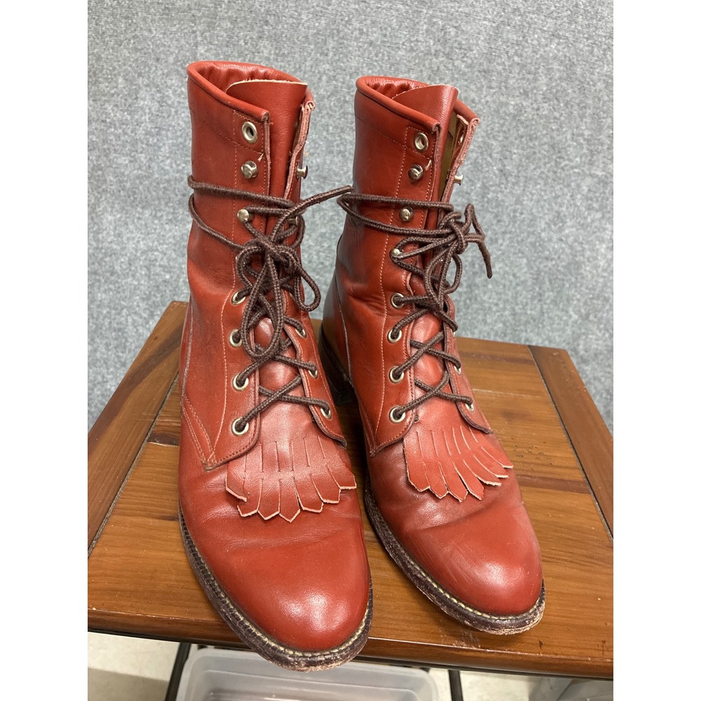 Justin Vintage Rust Leather Lace Up Kiltie Western Boots Womens 6.5 B USA